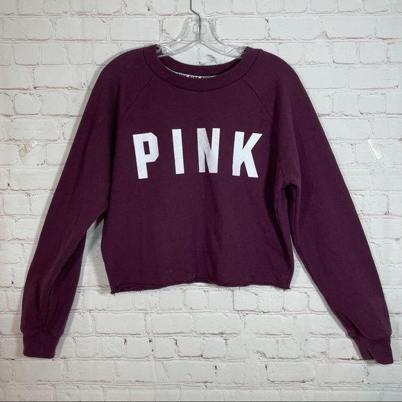 Pink Victoria’s Secret Cropped Sweatshirt Women’s Small Purple Logo Cut Off - Picture 1 of 8